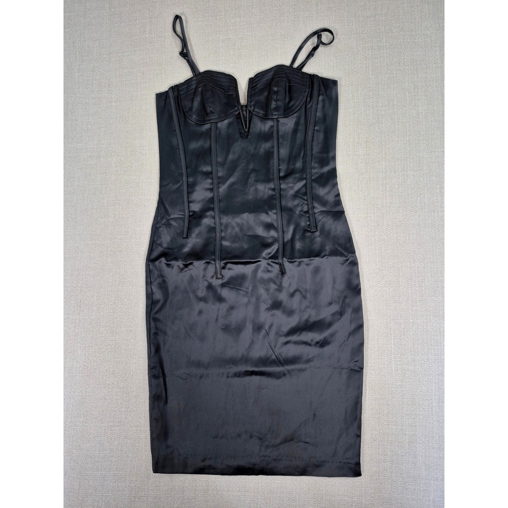 Bardot Bella Corset Dress Black Satin Midi Plunging V-Neck Size 8 37384DB
